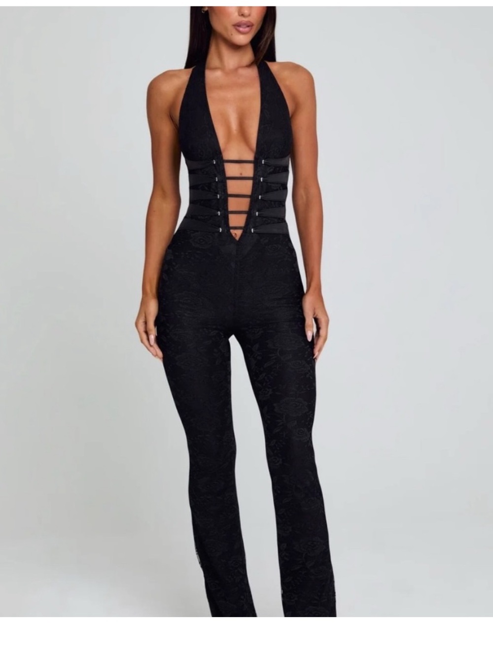 Plunge Halter Black Lace-Texture Strappy Jumpsuit
